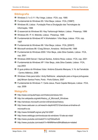 Versões do Windows                                                Sistemas Operativos



  Bibliografia
      Windows 3.1 e 3.11 / Rui Veiga, Lisboa : FCA, cop. 1995
      Fundamental do Windows 95 / Vitor Beça, Lisboa : FCA, [1998?]
      Windows 95, Lisboa : Fundação Para a Divulgação das Tecnologias da
      Informação, 1996
      O essencial do Windows 95 / Kay Yarborough Nelson, Lisboa : Presença, 1996
      Windows 95 / P. K. Mcbride, Lisboa : Presença, 1995
      Fundamental do Windows NT 4 Workstation / Vítor Beça, Lisboa : FCA, cop.
      1997
      Fundamental do Windows 98 / Vitor Beça, Lisboa : FCA, [2000?]
      Microsoft windows 98 / Craig Stinson, Amadora : McGraw-Hill, 1999
      Fundamental do Windows 2000 / Vitor Beça, João Silva Castelo, Lisboa : FCA,
      cop. 2001
      Windows 2000 Server / Samuel Santos, António Rosa, Lisboa : FCA, cop. 2001
      Fundamental do Windows XP / Vitor Beça, João Silva Castelo, Lisboa : FCA,
      cop.2003
      O guia prático do Windows Vista / António Eduardo Marques, V. N. de Famalicão
      : Centro Atlântico, 2006
      Windows Vista para totós / Andy Rathbone ; adaptação para a lingua portuguesa
      [de] Miriam Santos Freire, Porto : Porto Editora, 2007
      Fundamental do Windows 7 / Carla Jesus, Paulo Capela Marques, Lisboa : FCA,
      cop. 2009

  Webgrafia
      http://www.computerhope.com/history/windows.htm
      http://en.wikipedia.org/wiki/History_of_Microsoft_Windows
      http://windows.microsoft.com/en-US/windows/history
      http://www.webuser.co.uk/news/in-depth/427212/windows-a-timeline-of-
      microsoft-s-os
      http://www.htmlstaff.org/ver.php?id=2087
      http://www.webtuga.com/evolucao-do-windows-10-ate-ao-vista/
      http://www.youtube.com/watch?v=rzjYQ4xeDuQ
      http://www.youtube.com/watch?v=MrMNHwmd9Hc&feature=related



Sérgio Rocha - 2104                       ISVOUGA                         Página 19 de 19
 