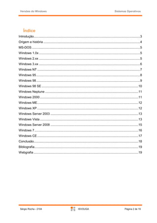Versões do Windows                                                                                  Sistemas Operativos




    Índice
Introdução........................................................................................................................3
Origem e história .............................................................................................................4
MS-DOS ..........................................................................................................................5
Windows 1.0x ..................................................................................................................5
Windows 2.xx ..................................................................................................................5
Windows 3.xx ..................................................................................................................6
Windows NT ....................................................................................................................7
Windows 95 .....................................................................................................................8
Windows 98 .....................................................................................................................9
Windows 98 SE .............................................................................................................10
Windows Neptune .........................................................................................................11
Windows 2000 ...............................................................................................................11
Windows ME..................................................................................................................12
Windows XP ..................................................................................................................12
Windows Server 2003 ...................................................................................................13
Windows Vista ...............................................................................................................13
Windows Server 2008 ...................................................................................................15
Windows 7 .....................................................................................................................16
Windows CE ..................................................................................................................17
Conclusão......................................................................................................................18
Bibliografia.....................................................................................................................19
Webgrafia ......................................................................................................................19




 Sérgio Rocha - 2104                                           ISVOUGA                                          Página 2 de 19
 