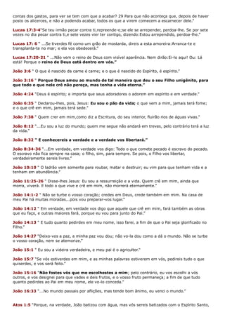 contas dos gastos, para ver se tem com que a acabar? 29 Para que não aconteça que, depois de haver
posto os alicerces, e não a podendo acabar, todos os que a virem comecem a escarnecer dele.”
Lucas 17:3-4“Se teu irmão pecar contra ti,repreende-o;se ele se arrepender, perdoa-lhe. Se por sete
vezes no dia pecar contra ti,e sete vezes vier ter contigo, dizendo:Estou arrependido, perdoa-lhe.”
Lucas 17: 6 “ ...Se tiverdes fé como um grão de mostarda, direis a esta amoreira:Arranca-te e
transplanta-te no mar; e ela vos obedecerá.”
Lucas 17:20-21 “ ...Não vem o reino de Deus com visível aparência. Nem dirão:Ei-lo aqui! Ou: Lá
está! Porque o reino de Deus está dentro em vós.”
João 3:6 “ O que é nascido da carne é carne; e o que é nascido do Espírito, é espírito.”
João 3:16 “ Porque Deus amou ao mundo de tal maneira que deu o seu Filho unigênito, para
que todo o que nele crê não pereça, mas tenha a vida eterna.”
João 4:24 “Deus é espírito; e importa que seus adoradores o adorem em espírito e em verdade.”
João 6:35 “ Declarou-lhes, pois, Jesus: Eu sou o pão da vida; o que vem a mim, jamais terá fome;
e o que crê em mim, jamais terá sede.”
João 7:38 “ Quem crer em mim,como diz a Escritura, do seu interior, fluirão rios de águas vivas.”
João 8:12 “...Eu sou a luz do mundo; quem me segue não andará em trevas, pelo contrário terá a luz
da vida.”
João 8:32 “ E conhecereis a verdade e a verdade vos libertará.”
João 8:34-36 “...Em verdade, em verdade vos digo: Todo o que comete pecado é escravo do pecado.
O escravo não fica sempre na casa; o filho, sim, para sempre. Se pois, o Filho vos libertar,
verdadeiramente sereis livres.”
João 10:10 “ O ladrão vem somente para roubar, matar e destruir; eu vim para que tenham vida e a
tenham em abundância.”
João 11:25-26 “ Disse-lhes Jesus: Eu sou a ressurreição e a vida. Quem crê em mim, ainda que
morra, viverá. E todo o que vive e crê em mim, não morrerá eternamente.”
João 14:1-2 “ Não se turbe o vosso coração; credes em Deus, crede também em mim. Na casa de
meu Pai há muitas moradas...pois vou preparar-vos lugar.”
João 14:12 “ Em verdade, em verdade vos digo que aquele que crê em mim, fará também as obras
que eu faço, e outras maiores fará, porque eu vou para junto do Pai.”
João 14:13 “ E tudo quanto pedirdes em meu nome, isso farei, a fim de que o Pai seja glorificado no
Filho.”
João 14:27 “Deixo-vos a paz, a minha paz vou dou; não vo-la dou como a dá o mundo. Não se turbe
o vosso coração, nem se atemorize.”
João 15:1 “ Eu sou a videira verdadeira, e meu pai é o agricultor.“
João 15:7 “Se vós estiverdes em mim, e as minhas palavras estiverem em vós, pedireis tudo o que
quiserdes, e vos será feito.”
João 15:16 “Não fostes vós que me escolhestes a mim; pelo contrário, eu vos escolhi a vós
outros, e vos designei para que vades e deis frutos, e o vosso fruto permaneça; a fim de que tudo
quanto pedirdes ao Pai em meu nome, ele vo-lo conceda.”
João 16:33 “...No mundo passais por aflições, mas tende bom ânimo, eu venci o mundo.”
Atos 1:5 “Porque, na verdade, João batizou com água, mas vós sereis batizados com o Espírito Santo,
 