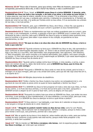 Números 23:19 “Deus não é homem, para que minta; nem filho do homem, para que se
arrependa; porventura diria ele, e não o faria? Ou falaria, e não o confirmaria?”
Deuteronômio 6:4-9 “Ouve, Israel, o SENHOR nosso Deus é o único SENHOR. 5 Amarás, pois,
o SENHOR teu Deus de todo o teu coração, e de toda a tua alma, e de todas as tuas forças. 6
E estas palavras, que hoje te ordeno, estarão no teu coração; 7 E as ensinarás a teus filhos e delas
falarás assentado em tua casa, e andando pelo caminho, e deitando-te e levantando-te. 8 Também as
atarás por sinal na tua mão, e te serão por frontais entre os teus olhos. 9 E as escreverás nos umbrais
de tua casa, e nas tuas portas. “
Deuteronômio 7:9 “Saberás, pois, que o SENHOR teu Deus, ele é Deus, o Deus fiel, que guarda a
aliança e a misericórdia até mil gerações aos que o amam e guardam os seus mandamentos.”
Deuteronômio 8:1-2 “Todos os mandamentos que hoje vos ordeno guardareis para os cumprir; para
que vivais, e vos multipliqueis, e entreis, e possuais a terra que o SENHOR jurou a vossos pais. 2 E te
lembrarás de todo o caminho, pelo qual o SENHOR teu Deus te guiou no deserto estes quarenta anos,
para te humilhar, e te provar, para saber o que estava no teu coração, se guardarias os seus
mandamentos, ou não.”
Deuteronômio 10:14 “Eis que os céus e os céus dos céus são do SENHOR teu Deus, a terra e
tudo o que nela há.”
Deuteronômio 18:9-12 “Quando entrares na terra que o SENHOR teu Deus te der, não aprenderás a
fazer conforme as abominações daquelas nações. 10 Entre ti não se achará quem faça passar pelo
fogo a seu filho ou a sua filha, nem adivinhador, nem prognosticador, nem agoureiro, nem feiticeiro;
11 Nem encantador, nem quem consulte a um espírito adivinhador, nem mágico, nem quem consulte
os mortos; 12 Pois todo aquele que faz tal coisa é abominação ao SENHOR; e por estas abominações o
SENHOR teu Deus os lança fora de diante de ti.”
Deuteronômio 20:1 “Quando saíres à peleja contra teus inimigos, e vires cavalos, e carros, e povo
maior em número do que tu, deles não terás temor; pois o SENHOR teu Deus, que te tirou da
terra do Egito, está contigo.”
Deuteronômio 23:14 “Porquanto o SENHOR teu Deus anda no meio de teu arraial, para te livrar, e
entregar a ti os teus inimigos; pelo que o teu arraial será santo, para que ele não veja coisa feia em ti,
e se aparte de ti.”
Deuteronômio 28:1-14 Bênçãos decorrentes da obediência.
Deuteronômio 30:3 “Então o Senhor teu Deus mudará a tua sorte e se compadecerá de ti, e te
ajuntará de novo de todos os povos entre os quais te havia espalhado o Senhor teu Deus.”
Deuteronômio 30:9 “E o SENHOR teu Deus te fará prosperar em toda a obra das tuas mãos, no fruto
do teu ventre, e no fruto dos teus animais, e no fruto da tua terra para o teu bem; porquanto o
SENHOR tornará a alegrar-se em ti para te fazer bem, como se alegrou em teus pais.”
Deuteronômio 30:16 “Porquanto te ordeno hoje que ames ao SENHOR teu Deus, que andes nos seus
caminhos, e que guardes os seus mandamentos, e os seus estatutos, e os seus juízos, para que vivas,
e te multipliques, e o SENHOR teu Deus te abençoe na terra a qual entras a possuir.”
Deuteronômio 33:27 “O Deus eterno é tua habitação, e por baixo de ti estende os braços eternos;
e ele lançará o inimigo de diante de ti e dirá: Destrói-o.”
Josué: 1:5-6 “ Ninguém te poderá resistir todos os dias da tua vida; como fui com Moisés,
assim serei contigo; não te deixarei nem te desampararei. Sê forte e corajoso, porque tu farás a este
povo herdar a terra que, sob juramento, prometi dar a seus pais.”
Josué 1:8 “Não se aparte da tua boca o livro desta lei; antes medita nele dia e noite, para que tenhas
cuidado de fazer conforme a tudo quanto nele está escrito; porque então farás prosperar o teu
caminho, e serás bem sucedido.”
Josué 1:9 “ Não to mandei eu? Sê forte e corajoso; não temas, nem te espantes,porque o Senhor
teu Deus é contigo, por onde quer que andares.”
 