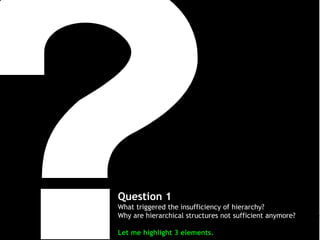 Question 1
What triggered the insufficiency of hierarchy?
Why are hierarchical structures not sufficient anymore?
Let me highlight 3 elements.

 