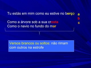 Versos brancos ou soltos : não rimam com outros na estrofe . Tu estás em mim como eu estive no b erç o   Como a árvore sob a sua cr osta  Como o navio no fundo do m ar  a b c 