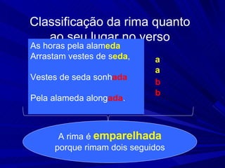 Classificação da rima quanto ao seu lugar no verso As horas pela alam eda Arrastam vestes de s eda ,  Vestes de seda sonh ada   Pela alameda along ada .   a A rima é  emparelhada   porque rimam dois seguidos a b b 