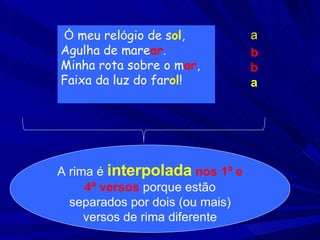 Ó  meu rel ó gio de s ol , Agulha de mar e ar . Minha rota sobre o m ar , Faixa da luz do far ol !  a b b a A rima é  interpolada   nos 1º e 4º versos  porque estão separados por dois (ou mais) versos de rima diferente 