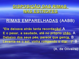 DISPOSIÇÃO DAS RIMAS
          NAS ESTROFES

  RIMAS EMPARELHADAS (AABB)

“Ele deixava atrás tanta recorda ção! A
E o pesar, a saudade, até no próprio chão, A
Debaixo dos seus pés, parece que gem ia, B
Levanta-se o sol, vinha rompendo o d ia(...)” B

                                (A. de Oliveira)
 