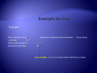     Exemplo:


    Tão comprido o Inverno,      a (atribui-se a cada som final uma letra)   chuva, lama,
     pobreza,            b
    É das coisas, da gente,     c
    da própria natureza.        B




                              rima cruzada - o 2º e o 4º versos rimam de forma cruzada
 