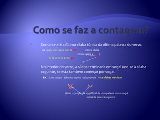    Conta-se até a última sílaba tônica da última palavra do verso.
    ex.: pa la vras não e ram di tas          última sílaba
                                       tônica (para a rima )
          O ca va lei ro a che gar


   No interior do verso, a sílaba terminada em vogal une-se à sílaba
    seguinte, se esta também começar por vogal.
     ex.: Um/ cor/po    a/ber/to/ co/mo os/ a/ni/mais = 10 sílabas métricas




                        elisão – junção da vogal final de uma palavra com a vogal
                                            inicial da palavra seguinte
 