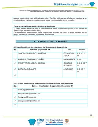 19
Elaborado por: Equipo Universidad del Valle en desarrollo del Convenio interadministrativo de asociación No. 4143.0.27.016-2015
suscrito entre el Municipio de Santiago de Cali – Secretaría de Educación Municipal y la Universidad del Valle
porque es el medio más utilizado por ellos. También utilizaremos el dialogo continuo y se
fortalecerá con carteleras, cuadernos de notas, conversatorios, foros virtuales.
Espacio para el intercambio de ideas y opiniones
¿Cuáles son los espacios para el intercambio de ideas y opiniones? (Foros, CoP, Redes de
aprendizaje, Redes sociales, otros)
Los estudiantes intercambian ideas y opiniones a través de foros y redes sociales en un
grupo cerrado de Facebook y cartelera institucional.
4. DATOS DEL EQUIPO DE AMBIENTE
4.1 Identificación de los miembros del Ambiente de Aprendizaje
No. Nombres y Apellidos ME Área Grado
1 SANDRA LILIANA RIOS MORENO EDUCACION
FISICA
8, 9. 10 Y
11
2 ENRIQUE OROBIO ESTUPIÑAN MATEMATICA 7 Y 8
3 HONEY ARIEL MEDINA MEDINA CIENCIAS
SOCIALES
6, 8, 9, 10 Y
11
4 DIANA PAOLA ALAPE LENGUAJE 8, 9, 10 Y
11
5
4.2 Correos electrónicos de los miembros del Ambiente de Aprendizaje
No. Correo – En el orden de aparición del numeral 4.1
1 Salili05@gmail.com
2 enriqueorobio@hotmail.com
3 honeymedi@yahoo.es
4 dianapaoalape@hotmail.es
5
 