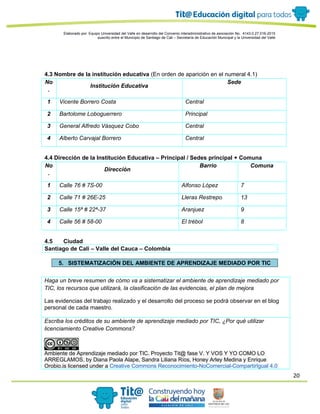 20
Elaborado por: Equipo Universidad del Valle en desarrollo del Convenio interadministrativo de asociación No. 4143.0.27.016-2015
suscrito entre el Municipio de Santiago de Cali – Secretaría de Educación Municipal y la Universidad del Valle
4.3 Nombre de la institución educativa (En orden de aparición en el numeral 4.1)
No
.
Institución Educativa
Sede
1 Vicente Borrero Costa Central
2 Bartolome Loboguerrero Principal
3 General Alfredo Vásquez Cobo Central
4 Alberto Carvajal Borrero Central
4.4 Dirección de la Institución Educativa – Principal / Sedes principal + Comuna
No
.
Dirección
Barrio Comuna
1 Calle 76 # 7S-00 Alfonso López 7
2 Calle 71 # 26E-25 Lleras Restrepo 13
3 Calle 15ª # 22ª-37 Aranjuez 9
4 Calle 56 # 58-00 El trébol 8
4.5 Ciudad
Santiago de Cali – Valle del Cauca – Colombia
5. SISTEMATIZACIÓN DEL AMBIENTE DE APRENDIZAJE MEDIADO POR TIC
Haga un breve resumen de cómo va a sistematizar el ambiente de aprendizaje mediado por
TIC, los recursos que utilizará, la clasificación de las evidencias, el plan de mejora
Las evidencias del trabajo realizado y el desarrollo del proceso se podrá observar en el blog
personal de cada maestro.
Escriba los créditos de su ambiente de aprendizaje mediado por TIC, ¿Por qué utilizar
licenciamiento Creative Commons?
Ambiente de Aprendizaje mediado por TIC. Proyecto Tit@ fase V. Y VOS Y YO COMO LO
ARREGLAMOS. by Diana Paola Alape, Sandra Liliana Ríos, Honey Arley Medina y Enrique
Orobio.is licensed under a Creative Commons Reconocimiento-NoComercial-CompartirIgual 4.0
 