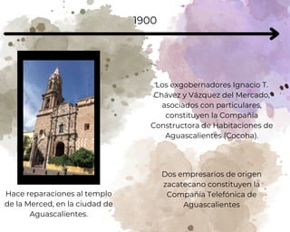19 de marzo de 1901
Se activa la línea telefónica que

comunicaba a Aguascalientes y

Zacatecas.
1902
Realiza trabajos de ...