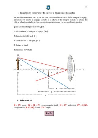101


       Ecuación del constructor de espejos o Ecuación de Descartes.

Es posible encontrar una ecuación que relacione la distancia de la imagen al espejo,
distancia del objeto al espejo, tamaño o la atura de la imagen, tamaño o altura del
objeto y la distancia focal. Los elementos para tener en cuenta son los siguientes:

p: distancia del objeto al espejo, ( d0 )

q: distancia de la imagen al espejo, ( di )

h: tamaño del objeto, ( O )

h’ : tamaño de la imagen, ( I )

f: distancia focal

R: radio de curvatura

    D




        h
                                              I        θ
                                                                              V
                                     
    O                         C                    h’   θ

                                              E



                                                        q

                                                   R
                                         p

    Relación R – f

R = CV, pero CV = CI + IV, en un espejo ideal, CI = CV entonces CV = 2(IV),
remplazando R = 2(IV), donde IV = f luego


                                             R = 2f
 