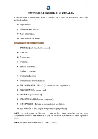 11


                  CONTENIDO DEL DESARROLLO DE LA ASIGNATURA

A continuación se desarrollara toda la temática de la física de 11o la cual consta del
siguiente orden:

    Logro macro.

    Indicadores de logros.

    Mapa conceptual.

    Desarrollo de los temas.

DESARROLLO DE COMPETENCIAS

    TALLERES (individual o 2 alumnas).

       Interpreta.

       Argumenta.

       Propone.

    Verifica conceptos.

   -   Analiza y resuelve.

    Problemas básicos.

    Problemas de profundización.

    PARTICIPACIÓN EN CLASES (la valoración más importante).

    EXPOSICIONES (grupo de tres).

    EXÁMENES (individuales).

    LABORATORIOS (4 alumnas por grupo).

    PRUEBAS ICFES (durante la realización de las clases).

    EVALUACIÓN FINAL (según programación por periodo).

NOTA: las actividades se llevaran a cabo en las clases. Aquellas que no sean
completadas deberán ser terminadas por las alumnas y presentadas en la siguiente
clase.

NOTA: las valoraciones se tomaran de 0,0 hasta 5,0
 