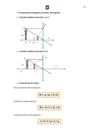 112


     Formación de imágenes en lentes divergentes

    Cuando el objeto está entre ∞ y C




         hO
                        hi                 F

               O   F´         I



    Cuando el objeto está entre F y C


               O


          ho
                             hi                    F

        F´               I




    Ecuación de las lentes

Para el aumento viene dada por:


                                  M = - p / q = h / h´

También se puede expresar


                                  M = - O / I = do / di


La distancia focal viene dada por:


                                   1/f=1/p+1/q
 