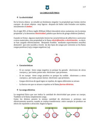 117


                                LA CARGA ELÉCTRICA

    La electricidad

En la Grecia clásica se estudió un fenómeno singular: la propiedad que tenían ciertos
cuerpos de atraer objetos muy ligeros después de haber sido frotados con tejidos,
inicialmente el ámbar.

En el siglo XVI, el físico inglés William Gilbert descubrió otras sustancias con la misma
propiedad y la denomino electricidad, palabra que deriva de griego elektron (ámbar)

Cuando se frotan algunos materiales tienen las características de adherirse o acercarse
a otros materiales, esta propiedad se le llama electrificación o electrización, es decir,
se han cargado eléctricamente. Benjamín franklin mediante experimentos sencillos
demostró que esto sucedía a través de dos tipos de cargas por convenio se les llama
cargas positivas (+q) y cargas negativas (-q)


                 +q                                -q



    Características

   -   Si un cuerpo tiene carga negativa es porque ha ganado electrones de otros
       cuerpos y, por tanto, posee más electrones que protones.
   -   Si un cuerpo tiene carga positiva es porque ha cedido electrones a otros
       cuerpos y, por tanto, posee menos electrones que protones.
   -   Cargas eléctricas de igual signo se repelen, de signos diferentes se atraen
   -   La fuerza con que se atraen o repelen se le llama fuerza eléctrica.

    La carga eléctrica

La magnitud física que nos indica la cantidad de electricidad que posee un cuerpo.
También se le llama simplemente carga.
Como los átomos poseen la misma cantidad de electrones y protones son
eléctricamente neutros, cuando se realiza transferencia entre cuerpos se produce un
efecto de repulsión o atracción. Según la figura
 