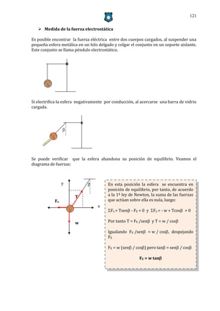 121


    Medida de la fuerza electrostática

Es posible encontrar la fuerza eléctrica entre dos cuerpos cargados, al suspender una
pequeña esfera metálica en un hilo delgado y colgar el conjunto en un soporte aislante.
Este conjunto se llama péndulo electrostático.




Si electrifica la esfera negativamente por conducción, al acercarse una barra de vidrio
cargada.




                 




Se puede verificar que la esfera abandona su posición de equilibrio. Veamos el
diagrama de fuerzas:



                 y                     En esta posición la esfera se encuentra en
                                        posición de equilibrio, por tanto, de acuerdo
                       T                a la 1ª ley de Newton, la suma de las fuerzas
            Fe                          que actúan sobre ella es nula, luego:
                                  x
                                        Fx = Tsen - FE = 0 y Fy = - w + Tcos = 0

                       w                Por tanto T = FE /sen y T = w / cos

                                        Igualando FE /sen = w / cos, despejando
                                        FE

                                        FE = w (sen / cos) pero tan = sen / cos

                                                        FE = w tan
 
