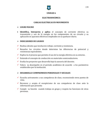 139


                                   UNIDAD 6

                             ELECTRODINÁMICA

                   CARGAS ELECTRICAS EN MOVIMIENTO

 LOGRO MACRO

 Identifica, Interpreta y aplica el concepto de corriente eléctrica su
  transmisión y uso de la energía en los componentes de un circuito y su
  aplicación en aparatos eléctricos empleados en su quehacer diario.

 INDICADORES DE LOGROS

 Realiza cálculos que involucren voltaje, corriente y resistencia.
 Resuelve los circuitos donde determine las diferencias de potencial y
  resistencias equivalentes.
 Explica la el proceso que permite el uso de la energía eléctrica en su entorno.
 Entiende el concepto de conducción en materiales semiconductores.
 Evalúa los proyectos que desarrolla bajo la asesoría del docente.
 Valora su desempeño en el periodo académico de acuerdo a los parámetros
  establecidos por la institución.

 DESARROLLO COMPROMISOS PERSONALES Y SOCIALES

 Escucha activamente a sus compañeras de clase, reconociendo otros puntos de
  vista.
 Reconoce y acepta el escepticismo de sus compañeras de clase ante la
  información que presenta
 Cumple su función cuando trabaja en grupo y respeta las funciones de otras
  personas.
 