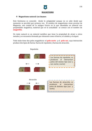 158


                                     MAGNETISMO

    Magnetismo natural: Los imanes

Este fenómeno es conocido desde la antigüedad aunque no se sabe desde que
momento se percibió por primera vez. El nombre de magnetismo viene provine de
Magnesia, una ciudad de la antigua Grecia en la que abundaba un mineral con
propiedades magnética, material que en la actualidad se conoce con el nombre de
magnetita.

Un imán natural es un mineral metálico que tiene la propiedad de atraer a otros
metales y se encuentra formado por elemento como el hierro, el cobalto y el níquel.

Todo imán tiene dos polos magnéticos: el polo norte y el polo sur, cuya interacción
produce dos tipos de fuerza: fuerza de repulsión y fuerzas de atracción.


                      Repulsión
                     Repulsión



          S      N               N   S      Las fuerzas de repulsión, se
                                            producen al interactuar
                                            polos del mismo tipo (sur y
                                            sur; norte y norte)


          N      S               S   N



                     Atracción
                                           Las fuerzas de atracción, se
                                           producen     al    interactuar
                                           polos de distinto tipo (sur y
          S      N           S       N     norte)
 
