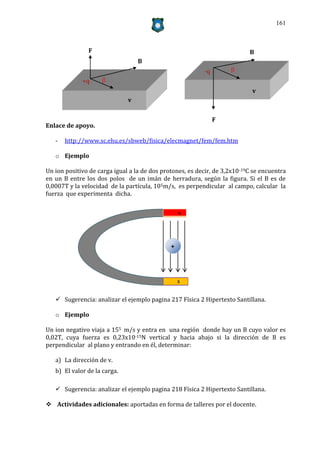 161



                F                                                           B
                                  B
                                                           -q        
             +q      
                                                                             v
                              v


                                                                F
Enlace de apoyo.

   -   http://www.sc.ehu.es/sbweb/fisica/elecmagnet/fem/fem.htm

   o Ejemplo

Un ion positivo de carga igual a la de dos protones, es decir, de 3,2x10 -19C se encuentra
en un B entre los dos polos de un imán de herradura, según la figura. Si el B es de
0,0007T y la velocidad de la partícula, 105m/s, es perpendicular al campo, calcular la
fuerza que experimenta dicha.

                                                  N




                                              +




                                                  S



    Sugerencia: analizar el ejemplo pagina 217 Física 2 Hipertexto Santillana.

   o Ejemplo

Un ion negativo viaja a 155 m/s y entra en una región donde hay un B cuyo valor es
0,02T, cuya fuerza es 0,23x10-15N vertical y hacia abajo si la dirección de B es
perpendicular al plano y entrando en él, determinar:

   a) La dirección de v.
   b) El valor de la carga.

    Sugerencia: analizar el ejemplo pagina 218 Física 2 Hipertexto Santillana.

 Actividades adicionales: aportadas en forma de talleres por el docente.
 
