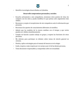 5


-   Identifico tecnologías desarrolladas en Colombia.

               Desarrollo compromisos personales y sociales

-   Escucho activamente a mis compañeros, reconozco otros puntos de vista, los
    comparo con los míos y puedo modificar lo que pienso ante argumentos más
    sólidos.
-   Reconozco y acepto el escepticismo de mis compañeros ante la información que
    presento.
-   Reconozco los aportes de conocimientos diferentes al científico.
-   Admito que los modelos de la ciencia cambian con el tiempo y que varios
    pueden ser válidos simultáneamente.
-   Cumplo mi función cuando trabajo en grupo y respeto las funciones de otras
    personas.
-   Me informo para participar en debates sobre temas de interés general en
    ciencias.
-   Diseño y aplico estrategias para el manejo de basuras en mi colegio.
-   Cuido, respeto y exijo respeto por mi cuerpo y por el de las demás personas.
-   Tomo decisiones responsables y compartidas sobre mi sexualidad.
 