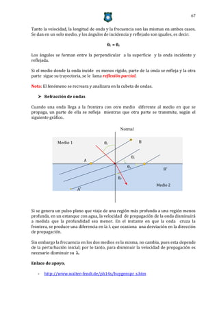 67


Tanto la velocidad, la longitud de onda y la frecuencia son las mismas en ambos casos.
Se dan en un solo medio, y los ángulos de incidencia y reflejado son iguales, es decir:

                                        θi = θr

Los ángulos se forman entre la perpendicular a la superficie y la onda incidente y
reflejada.

Si el medio donde la onda incide es menos rígido, parte de la onda se refleja y la otra
parte sigue su trayectoria, se le lama reflexión parcial.

Nota: El fenómeno se recreara y analizara en la cubeta de ondas.

    Refracción de ondas

Cuando una onda llega a la frontera con otro medio diferente al medio en que se
propaga, un parte de ella se refleja mientras que otra parte se transmite, según el
siguiente gráfico.

                                                  Normal


             Medio 1                  θi                       B


                                                          θi
                             A
                                                     θr
                                                                      B’
                                              θr
                                                                   Medio 2
                        A’



Si se genera un pulso plano que viaje de una región más profunda a una región menos
profunda, en un estanque con agua, la velocidad de propagación de la onda disminuirá
a medida que la profundidad sea menor. En el instante en que la onda cruza la
frontera, se produce una diferencia en la  que ocasiona una desviación en la dirección
de propagación.

Sin embargo la frecuencia en los dos medios es la misma, no cambia, pues esta depende
de la perturbación inicial; por lo tanto, para disminuir la velocidad de propagación es
necesario disminuir su .

Enlace de apoyo.

   -   http://www.walter-fendt.de/ph14s/huygenspr_s.htm
 