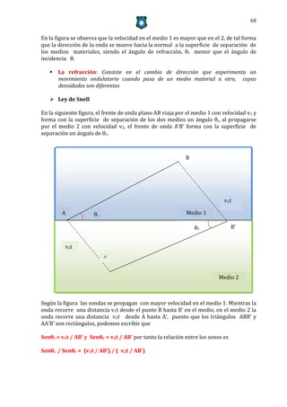 68


En la figura se observa que la velocidad en el medio 1 es mayor que en el 2, de tal forma
que la dirección de la onda se mueve hacia la normal a la superficie de separación de
los medios materiales, siendo el ángulo de refracción, θr menor que el ángulo de
incidencia θi

    La refracción: Consiste en el cambio de dirección que experimenta un
     movimiento ondulatorio cuando pasa de un medio material a otro, cuyas
     densidades son diferentes

    Ley de Snell

En la siguiente figura, el frente de onda plano AB viaja por el medio 1 con velocidad v1 y
forma con la superficie de separación de los dos medios un ángulo θi, al propagarse
por el medio 2 con velocidad v2, el frente de onda A’B’ forma con la superficie de
separación un ángulo de θr.



                                                            B




                                                                            v1t

        A             θi                                    Medio 1

                                                                θr               B’


          v2t
                           A’




                                                                          Medio 2



Según la figura las sondas se propagan con mayor velocidad en el medio 1. Mientras la
onda recorre una distancia v1t desde el punto B hasta B’ en el medio, en el medio 2 la
onda recorre una distancia v2t desde A hasta A’, puesto que los triángulos ABB’ y
AA’B’ son rectángulos, podemos escribir que

Senθi = v1t / AB’ y Senθr = v2t / AB’ por tanto la relación entre los senos es

Senθi / Senθr = (v1t / AB’) / ( v2t / AB’)
 
