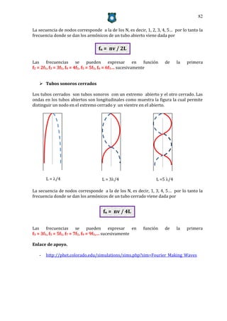 82


La secuencia de nodos corresponde a la de los N, es decir, 1, 2, 3, 4, 5… por lo tanto la
frecuencia donde se dan los armónicos de un tubo abierto viene dada por

                                    fn = nv / 2L

Las     frecuencias se           pueden       expresar en      función   de    la   primera
f2 = 2f1, f3 = 3f1, f4 = 4f1, f5 = 5f1, f6 = 6f1… sucesivamente


    Tubos sonoros cerrados

Los tubos cerrados son tubos sonoros con un extremo abierto y el otro cerrado. Las
ondas en los tubos abiertos son longitudinales como muestra la figura la cual permite
distinguir un nodo en el extremo cerrado y un vientre en el abierto.




       L = /4                        L = 3/4                      L =5 /4

La secuencia de nodos corresponde a la de los N, es decir, 1, 3, 4, 5… por lo tanto la
frecuencia donde se dan los armónicos de un tubo cerrado viene dada por


                                       fn = nv / 4L


Las     frecuencias se           pueden     expresar en      función     de    la   primera
f3 = 3f1, f5 = 5f1, f7 = 7f1, f9 = 9f1,… sucesivamente

Enlace de apoyo.

   -   http://phet.colorado.edu/simulations/sims.php?sim=Fourier_Making_Waves
 