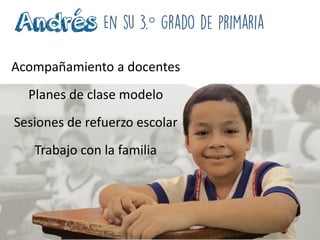 Acompañamiento a docentes
Planes de clase modelo
Sesiones de refuerzo escolar
Trabajo con la familia
°
 