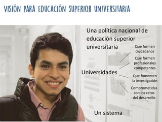 Una política nacional de
educación superior
universitaria Que formen
ciudadanos
Universidades Que fomenten
la investigación
Comprometidas
con los retos
del desarrollo
Un sistema
Que formen
profesionales
competentes
 