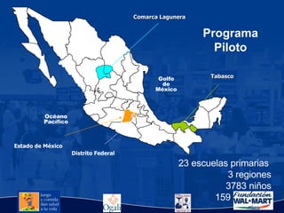 23 escuelas primarias  3 regiones 3783 niños 159 maestros Océano Pacífico Golfo de México Estado de México Distrito Federal Programa Piloto Comarca Lagunera Tabasco 