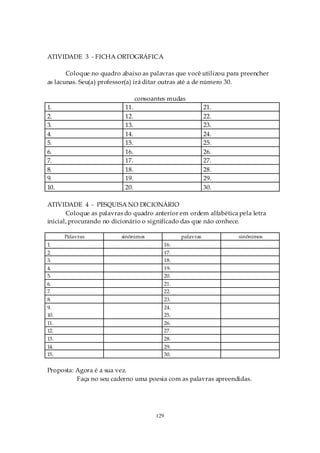 ATIVIDADE 3 - FICHA ORTOGRÁFICA

       Coloque no quadro abaixo as palavras que você utilizou para preencher
as lacunas. Seu(a) professor(a) irá ditar outras até a de número 30.

                                 consoantes mudas
1.                         11.                                21.
2.                         12.                                22.
3.                         13.                                23.
4.                         14.                                24.
5.                         15.                                25.
6.                         16.                                26.
7.                         17.                                27.
8.                         18.                                28.
9.                         19.                                29.
10.                        20.                                30.

ATIVIDADE 4 - PESQUISA NO DICIONÁRIO
       Coloque as palavras do quadro anterior em ordem alfabética pela letra
inicial, procurando no dicionário o significado das que não conhece.

      Palavras           sinônimos                 palavras         sinônimos
1.                                           16.
2.                                           17.
3.                                           18.
4.                                           19.
5.                                           20.
6.                                           21.
7.                                           22.
8.                                           23.
9.                                           24.
10.                                          25.
11.                                          26.
12.                                          27.
13.                                          28.
14.                                          29.
15.                                          30.


Proposta: Agora é a sua vez.
          Faça no seu caderno uma poesia com as palavras apreendidas.




                                       129
 