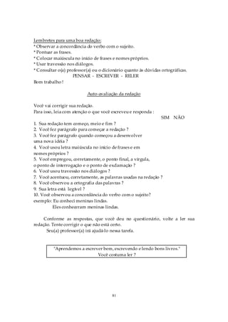 Lembretes para uma boa redação:
* Observar a concordância do verbo com o sujeito.
* Pontuar as frases.
* Colocar maiúscula no início de frases e nomes próprios.
* Usar travessão nos diálogos.
* Consultar o(a) professor(a) ou o dicionário quanto às dúvidas ortográficas.
                     PENSAR - ESCREVER - RELER
Bom trabalho !

                          Auto-avaliação da redação

Você vai corrigir sua redação.
Para isso, leia com atenção o que você escreveu e responda :
                                                                SIM NÃO
1. Sua redação tem começo, meio e fim ?
2. Você fez parágrafo para começar a redação ?
3. Você fez parágrafo quando começou a desenvolver
uma nova idéia ?
4. Você usou letra maiúscula no início de frases e em
nomes próprios ?
5. Você empregou, corretamente, o ponto final, a vírgula,
o ponto de interrogação e o ponto de exclamação ?
6. Você usou travessão nos diálogos ?
7. Você acentuou, corretamente, as palavras usadas na redação ?
8. Você observou a ortografia das palavras ?
9. Sua letra está legível ?
10. Você observou a concordância do verbo com o sujeito?
exemplo: Eu conheci meninas lindas.
          Eles conheceram meninas lindas.

     Conforme as respostas, que você deu no questionário, volte a ler sua
redação. Tente corrigir o que não está certo.
      Seu(a) professor(a) irá ajudá-lo nessa tarefa.



          "Aprendemos a escrever bem, escrevendo e lendo bons livros."
                              Você costuma ler ?




                                       81
 