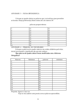 ATIVIDADE 3 - FICHA ORTOGRÁFICA


       Coloque no quadro abaixo as palavras que você utilizou para preencher
as lacunas. Seu(a) professor(a) ditará outras até a de número 30.

                           palavras proparoxítonas

1.                         11.                              21.
2.                         12.                              22.
3.                         13.                              23.
4.                         14.                              24.
5.                         15.                              25.
6.                         16.                              26.
7.                         17.                              27.
8.                         18.                              28.
9.                         19.                              29.
10.                        20.                              30.
ATIVIDADE 4 - PESQUISA NO DICIONÁRIO
       Coloque as palavras do quadro anterior em ordem alfabética pela letra
inicial, procurando o significado das que não conhece.
       Que palavras do quadro abaixo foram modificadas com a Reforma
Ortográfica?

      Palavras           Sinônimos               palavras         sinônimos
1.                                         16.
2.                                         17.
3.                                         18.
4.                                         19
5.                                         20.
6.                                         21.
7.                                         22.
8.                                         23.
9.                                         24.
10.                                        25.
11.                                        26.
12.                                        27.
13.                                        28.
14.                                        29.
15.                                        30.
Proposta: Agora é a sua vez.
          Faça no seu caderno uma poesia com as palavras apreendidas.


                                      84
 