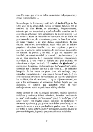 6
mar. En suma, que vivía en todos sus costados del propio mar y
de sus jugosos frutos….
Sin embargo, de forma muy sutil, todo el Archipiélago de las
Cíes, que en la antigüedad, fueron invocadas también por el
nombre, de islas Siccae, se encontraba, fotogénicamente,
cubierto, por una inmaculada y algodonal niebla matutina, que le
confería, un exhalador halo, cargadísimo de mucho misterio (…)
era como si fuera un indescifrable territorio, de un sinfín de
generosos duendes, de bondadosos genios, de benéficas hadas,
de puras vírgenes y de altas damas, cargadísimos, de una
dulzura irresistible, concurriendo, todos ellos con un mismo
propósito: deseaban insuflar, con una exquisita y positiva
energía, a todos los seres humanos, de sutilísimos manantiales
de bondad, de pureza y de todo lo que era necesario ser
insuflado, en aras de santidad, de bondad, (…)oblicuamente (…)
en un plan opuesto, (…) galopaban invisibles emanaciones
exotéricas (…) “era como si hubiera una gran multitud de
misteriosas meigas, haciendo “O conjuro da Queimada” y
cuyos ritos, divagando, ocultamente, por las “esotéricas” grutas,
formadas por la erosión del mar y del viento (…) en incesante
búsqueda de las almas en pena, eran, sin embargo, muy
mimadas y respetadas, (…) era como si fueron druidas (…) era
como si fueron atractivas embaucadoras, en la doble creencia de
los hechizos y las adivinaciones, (…) y en el justo momento, en
que a los embaucados, el misterioso brebaje bajaba por sus
gargantas, se suponía que quedaban libres de todo
embrujamiento. Vanas suposiciones, al fin y al cabo.
Había también en toda esa mágica atmósfera, muchos demonios
maléficos y tantísimos diablos turbadores, llamados, “espíritus de
la casa”, conformados, por “las almas”, por el “el tardo” por el “el
tango mago”, con muchas brujas, inmersas, en misteriosos y
nocturnos aquelarres, y que gracias a sus dichos (ensalmos) y a sus
secretas formulas, a sus negros hechizos, podían curar, de una vez
por todas, a ciertas enfermedades y conseguían, además, revelar el
provenir de la gente, logrando ejercer muchísimos maleficios.
 