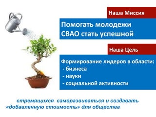 Наша Миссия
                 Помогать молодежи
                 СВАО стать успешной
                                Наша Цель
                 Формирование лидеров в области:
                 - бизнеса
                 - науки
                 - социальной активности

   стремящихся саморазвиваться и создавать
«добавленную стоимость» для общества
 
