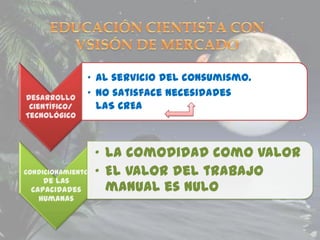 • Al servicio del consumismo.
Desarrollo
               • No satisface necesidades
 Científico/     LAS CREA
Tecnológico



                   • La comodidad como valor
Condicionamiento   • El valor del trabajo
    de las
 capacidades         manual es nulo
   humanas
 