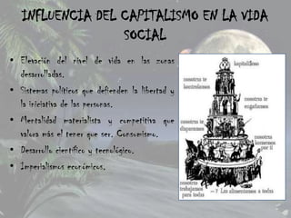 INFLUENCIA DEL CAPITALISMO EN LA VIDA
                  SOCIAL
• Elevación del nivel de vida en las zonas
  desarrolladas.
• Sistemas políticos que defienden la libertad y
  la iniciativa de las personas.
• Mentalidad materialista y competitiva que
  valora más el tener que ser. Consumismo.
• Desarrollo científico y tecnológico.
• Imperialismos económicos.
 