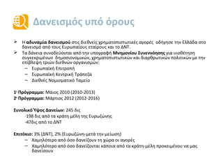 Δανεισμός υπό όρους
 Η αδυναμία δανεισμού στις διεθνείς χρηματοπιστωτικές αγορές οδήγησε την Ελλάδα στον
δανεισμό από τους Ευρωπαίους εταίρους και το ΔΝΤ.
 Τα δάνεια συνοδεύονται από την υπογραφή Μνημονίου Συνεννόησης για υιοθέτηση
συγκεκριμένων δημοσιονομικών, χρηματοπιστωτικών και διαρθρωτικών πολιτικών υπό την
επίβλεψη τριών διεθνών οργανισμών:
– Ευρωπαϊκή Επιτροπή (EC)
– Ευρωπαϊκή Κεντρική Τράπεζα (ECB)
– Διεθνές Νομισματικό Ταμείο (IMF)
1ο Πρόγραμμα: Μάιος 2010 (2010-2013)
2ο Πρόγραμμα: Μάρτιος 2012 (2012-2016)
Συνολικό Ύψος Δανείων: 245 δις
 198 δις από τα κράτη μέλη της Ευρωζώνης
 47δις από το ΔΝΤ
Επιτόκιο: 3% (ΔΝΤ), 2% (Ευρωζώνη, μετά τη μείωση)
– Χαμηλότερο από όσο δανείζουν τη χώρα οι αγορές
– Χαμηλότερο από όσο δανείζονται κάποια από τα κράτη-μέλη προκειμένου να μας
δανείσουν
 