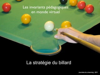 Les invariants pédagogiques
     en monde virtuel




  La stratégie du billard
                              Journées du e.learning - 2011
 