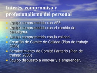 Interés, compromiso y profesionalismo del personal Equipo comprometido con APS. Equipo comprometido con el cambio de paradigma. Equipo comprometido con la calidad. Creación de Comité de Calidad.(Plan de trabajo 2008) Fortalecimiento de Comité Paritario (Plan de trabajo 2008) Equipo dispuesto a innovar y a emprender. 