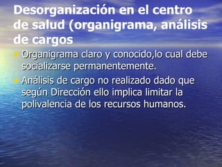 Desorganización en el centro de salud (organigrama, análisis de cargos Organigrama claro y conocido,lo cual debe socializarse permanentemente. Análisis de cargo no realizado dado que según Dirección ello implica limitar la polivalencia de los recursos humanos. 