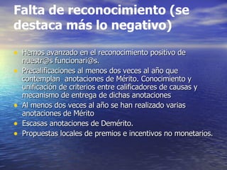 Falta de reconocimiento (se destaca más lo negativo) Hemos avanzado en el reconocimiento positivo de nuestr@s funcionari@s. Precalificaciones al menos dos veces al año que contemplan  anotaciones de Mérito. Conocimiento y unificación de criterios entre calificadores de causas y mecanismo de entrega de dichas anotaciones Al menos dos veces al año se han realizado varias anotaciones de Mérito Escasas anotaciones de Demérito. Propuestas locales de premios e incentivos no monetarios. 