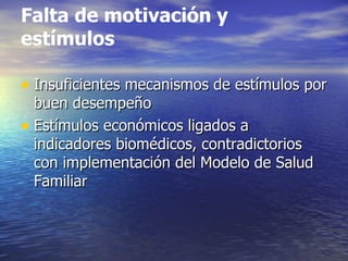 Falta de motivación y estímulos Insuficientes mecanismos de estímulos por buen desempeño Estímulos económicos ligados a indicadores biomédicos, contradictorios con implementación del Modelo de Salud Familiar 