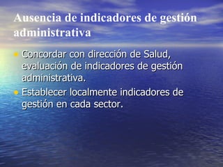 Ausencia de indicadores de gestión administrativa Concordar con dirección de Salud, evaluación de indicadores de gestión administrativa. Establecer localmente indicadores de gestión en cada sector. 