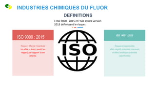 ISO 9000 : 2015
Risque = Effet de l’incertitude
Un effet = écart, positif ou
négatif, par rapport à une
attente.
ISO 14001 : 2015
Risques et opportunités
effets négatifs potentiels (menaces)
et effets bénéfiques potentiels
(opportunités)
DEFINITIONS
L’ISO 9000 2015 et l’ISO 14001 version
2015 définissent le risque :
INDUSTRIES CHIMIQUES DU FLUOR
 