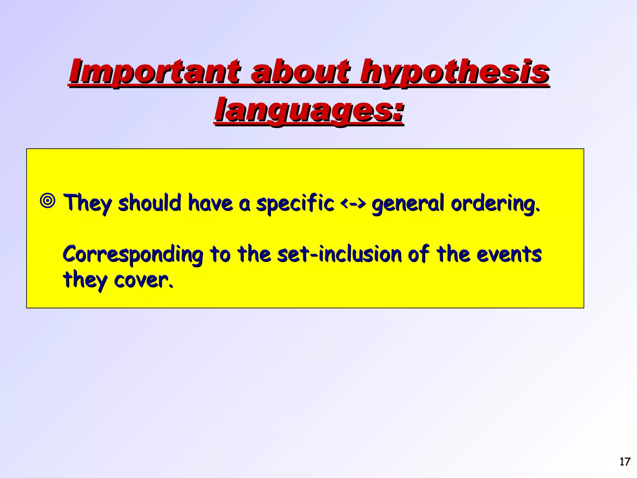 Important about hypothesis languages: They should have a specific <-> general ordering. Corresponding to the set-inclusion of the events they cover. 