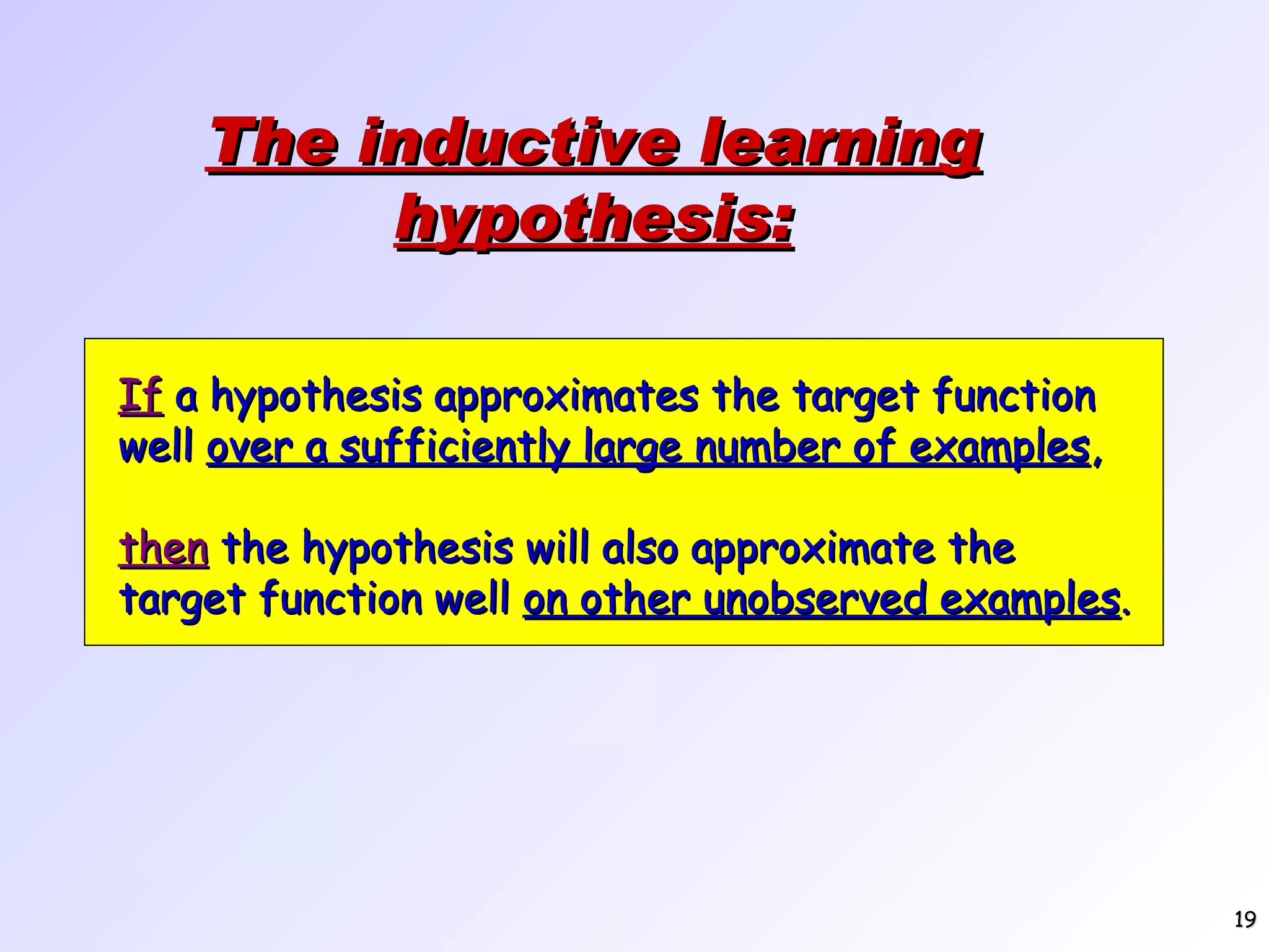 The inductive learning hypothesis: If a hypothesis approximates the target function well over a sufficiently large number of examples , then the hypothesis will also approximate the target function well on other unobserved examples . 