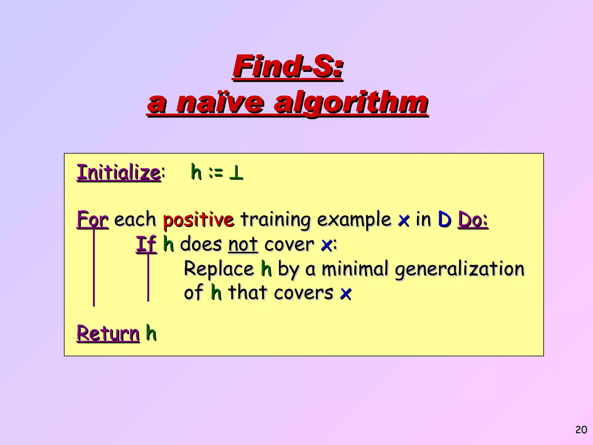 Find-S: a naïve algorithm Replace h by a minimal generalization of h that covers x Return h Initialize : h :=  For each positive training example x in D Do: If h does not cover x : 