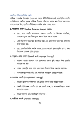 28
লথরাশি ও শিশকৎসার শবশভন্ন িদ্ধশত
অশিজম লেকট্রাম শডসঅডবার (ASD) এর লকায়না শনশদবি শিশকৎসা লনই, তয়ব শবশভন্ন লথরাশি
ও শিশকৎসার িদ্ধশতর মাধযয়ম অশিজম শিশুয়দর জীবয়নর গুণগত মান উন্নত করা যাে।
এখায়ন প্রধান শকছু লথরাশি ও শিশকৎসার িদ্ধশতর বণবনা লদওো হয়ো:
১. আিরণগত লথরাশি Applied Behavior Analysis (ABA):
• ABA হয়ো একশি বযািকভায়ব বযবহৃত লথরাশি, যা শিশুয়দর সামাশজক,
লযাগায়যাগমূেক এবং শিিামূেক দিতা উন্নত করয়ত সহােক।
• এশি ইশতবািক আিরণয়ক উৎসাশহত কয়র এবং লনশতবািক আিরণয়ক কমায়নার
জনয বযবহৃত হে।
• ABA লথরাশির শবশভন্ন িদ্ধশত রয়েয়ছ, লযমন ডাইয়ক্রি ট্রাোে লট্রশনং (DTT) এবং
শিয়ভািাে লরসিন্স লট্রশনং (PRT)।
২. বি
ৃ তা ও ভাষা লথরাশি (Speech and Language Therapy)
• ভাষাগত সমসযা সমাধায়ন এবং লযাগায়যাগ দিতা বৃশদ্ধ করয়ত শেি লথরাশি
বযবহার করা হে।
• িয়ব্দর িুনরাবৃশত্ত, বাকয গিন, এবং ভাষার শবকায়ি শবেম্ব সমাধায়ন সহােক।
• কয়থািকথয়ন দিতা বৃশদ্ধ এবং সামাশজক লযাগায়যাগ উন্নেয়ন সহােক।
৩. লিিাগত লথরাশি (Occupational Therapy)
• শিশুয়দর তদনশন্দন কাযবকোি এবং লমাির দিতা উন্নত করয়ত সহােক।
• লসন্সশর ইশটয়গ্রিন লথরাশি OT এর একশি অংি, যা সংয়বদনিীেতার সমসযা
সমাধায়ন সহােক।
• শিশুর স্বাধীনতা এবং আত্মশবশ্বাস বৃশদ্ধ কয়র।
৪. িারীশরক লথরাশি (Physical Therapy)
 