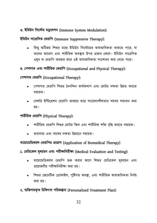 32
৩. ইশমউন শসয়স্টম মডু য়েিন (Immune System Modulation):
ইশমউন সায়প্রশসভ লথরাশি (Immune Suppressive Therapy):
• শকছু অশিজম শিশুর ময়ধয ইশমউন শসয়স্টয়মর অস্বাভাশবকতা থাকয়ত িায়র, যা
তায়দর আিরণ এবং িারীশরক অবস্থ্ার উির প্রভাব ল য়ে। ইশমউন সায়প্রশসভ
ওষুধ বা লথরাশি বযবহার কয়র এই অস্বাভাশবকতা সংয়িাধন করা লযয়ত িায়র।
৪. লিিাগত এবং িারীশরক লথরাশি (Occupational and Physical Therapy):
লিিাগত লথরাশি (Occupational Therapy):
• লিিাগত লথরাশি শিশুর তদনশন্দন কাযবকোি এবং লমাির দিতা উন্নত করয়ত
সহােক।
• লসন্সশর ইশটয়গ্রিন লথরাশি বযবহার কয়র সংয়বদনিীেতার সমসযা সমাধান করা
হে।
িারীশরক লথরাশি (Physical Therapy):
• িারীশরক লথরাশি শিশুর লমাির শস্কে এবং িারীশরক িশি বৃশদ্ধ করয়ত সহােক।
• ভারসাময এবং সমন্বে দিতা উন্নেয়ন সহােক।
বায়োয়মশডকযাে লথরাশির প্রয়োগ (Application of Biomedical Therapy)
১. লমশডয়কে মূেযােন এবং িরীিাশনরীিা (Medical Evaluation and Testing):
• বায়োয়মশডকযাে লথরাশি শুরু করার আয়গ শিশুর লমশডয়কে মূেযােন এবং
প্রয়োজনীে িরীিাশনরীিা করা হে।
• শিশুর লজয়নশিক লপ্রা াইে, িুশিগত অবস্থ্া, এবং িারীশরক অস্বাভাশবকতা শনণবে
করা হে।
২. বযশিগতক
ৃ ত শিশকৎসা িশরকল্পনা (Personalized Treatment Plan):
 