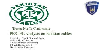 PESTEL Analysis on Pakistan cables
Prepared by : Engr. S. M. Yousuf. Qasim
Registration No : 102-S16-306
Subject : Principles of Marketing
Submitted to: Sir. M. Arif
Nazeer Hussain University
Trusted Not To Compromise
 